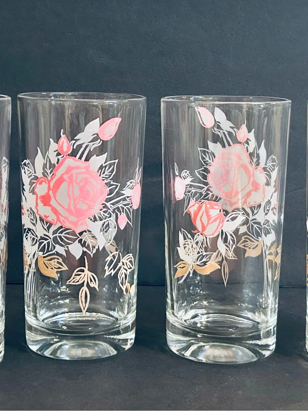Vintage Mid Century Pink Rose Highball Drinking Glasses - Set of 4